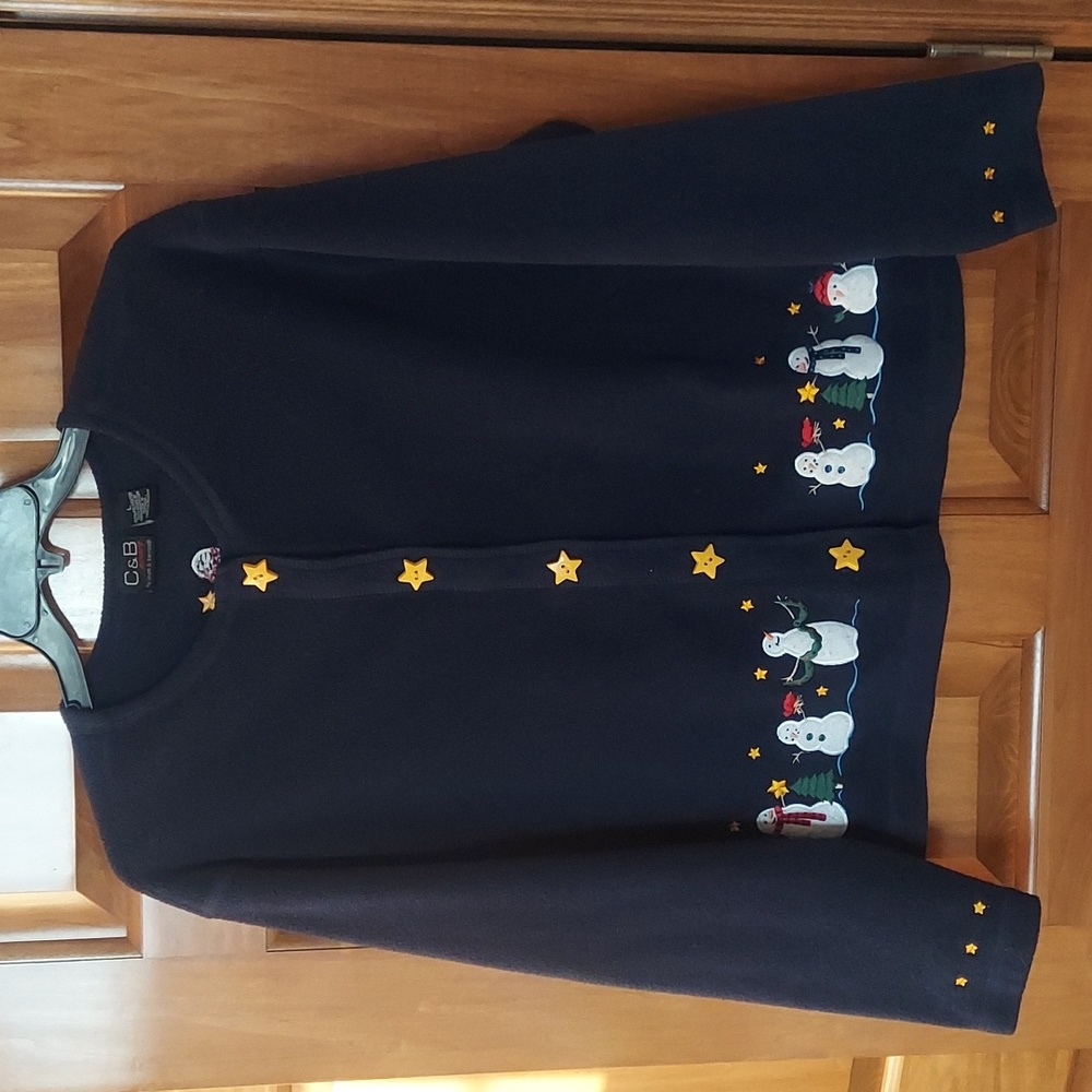 * C&B Sport Soft Fleece Snowmen Button Up Top Jacket Teacher Size Large Like New